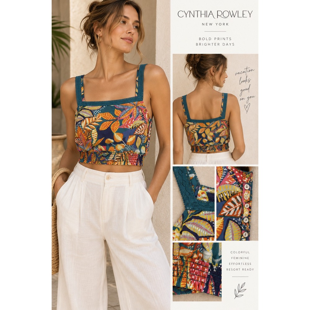 Cynthia Rowley Top Women's Sz L Cotton Multicolored Smocked Strappy Side Buttons